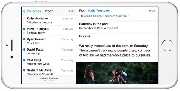 iPhone 6 Plus in landscape mode showing Mail in a two-panel view