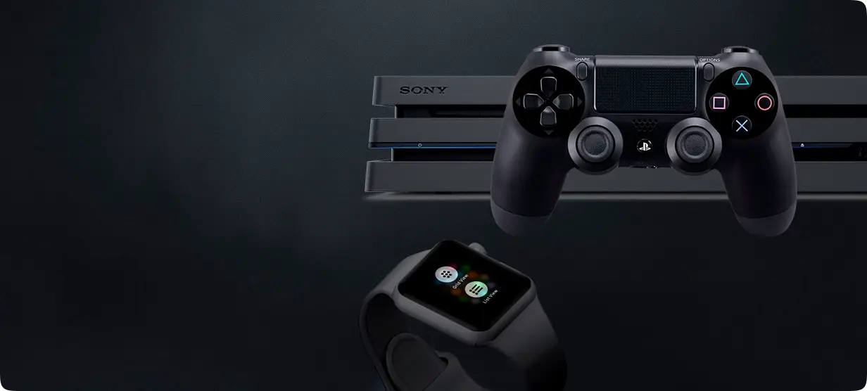 Game controller and console on a dark background