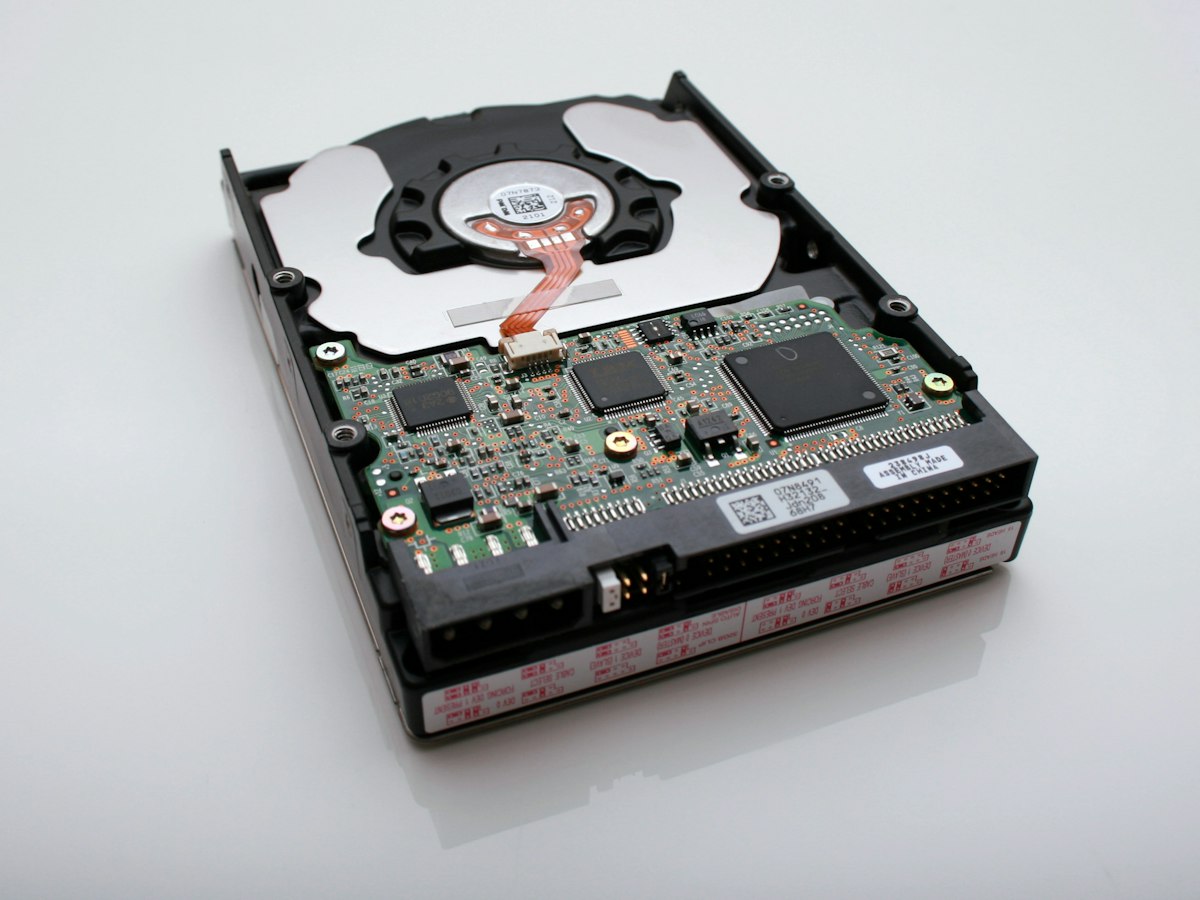 Internal hard drive showing its circuit board